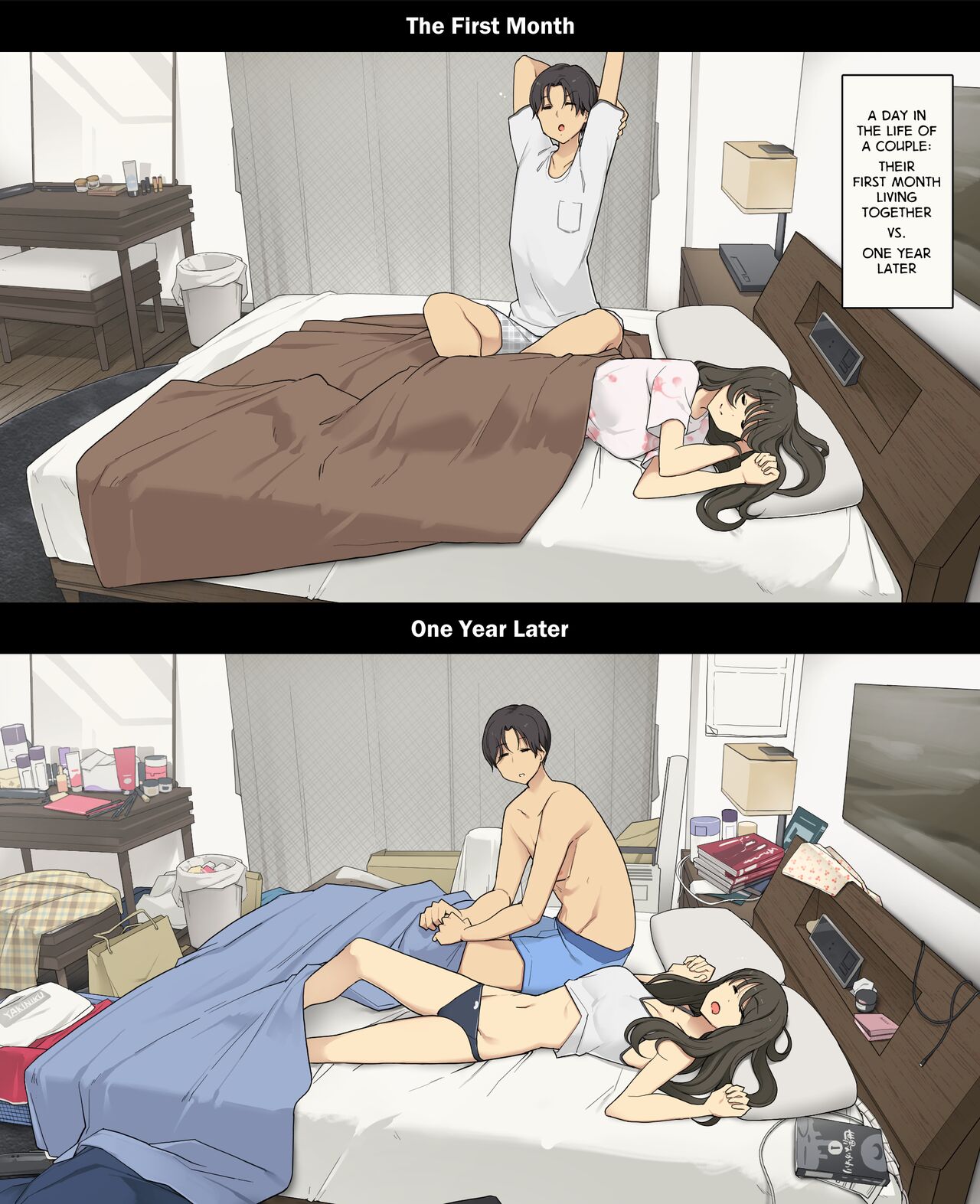 Dousei Seikatsu Ikkagetsume to Ichinen Ato, Asaokite kara Shuushin made no Hikaku